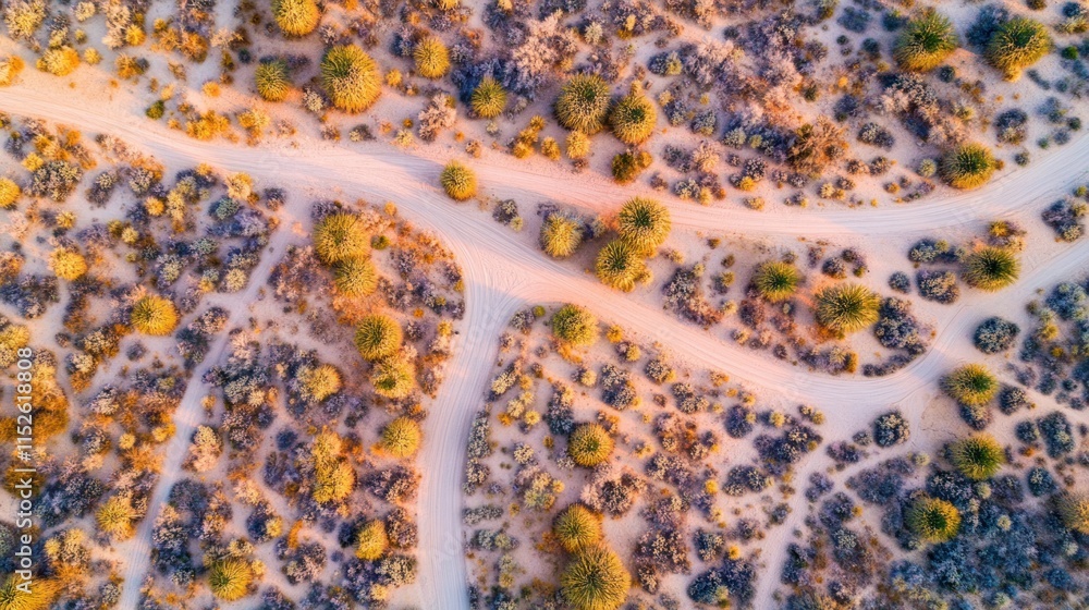 Obraz premium Aerial view of desert landscape with winding paths through shrubs and plants at sunset.