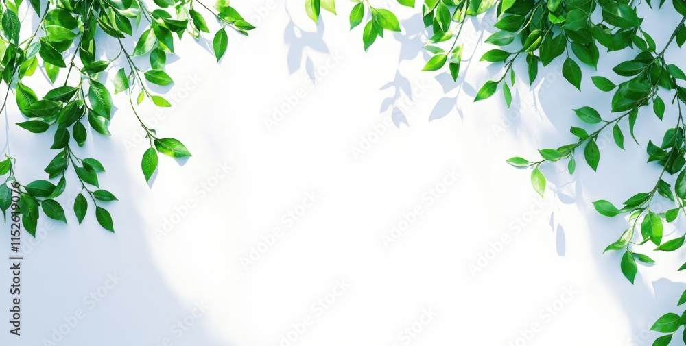 Lush green leaves frame a bright white background, creating a natural, vibrant border with shadow details. Lush green leaves frame a bright white background, creating a natural, vibrant border with shadow details.