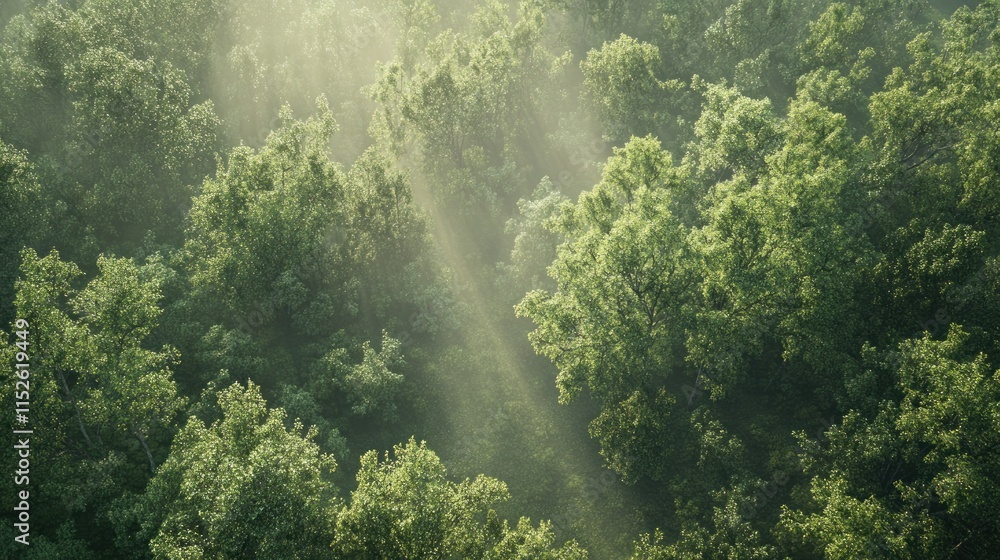 Obraz premium Sunbeams pierce through a misty, lush green forest canopy.