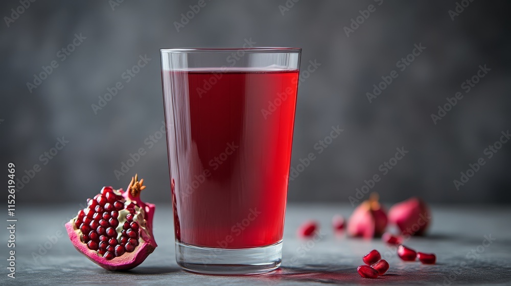 A vibrant glass of pomegranate juice sits next to a sliced pomegranate, showcasing its rich color and texture against a muted background. A vibrant glass of pomegranate juice sits next to a sliced pomegranate, showcasing its rich color and texture against a muted background.