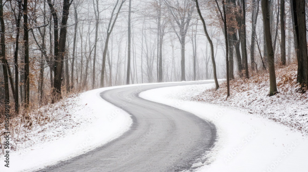 Winding snow-covered road through a winter forest. Winding snow-covered road through a winter forest.