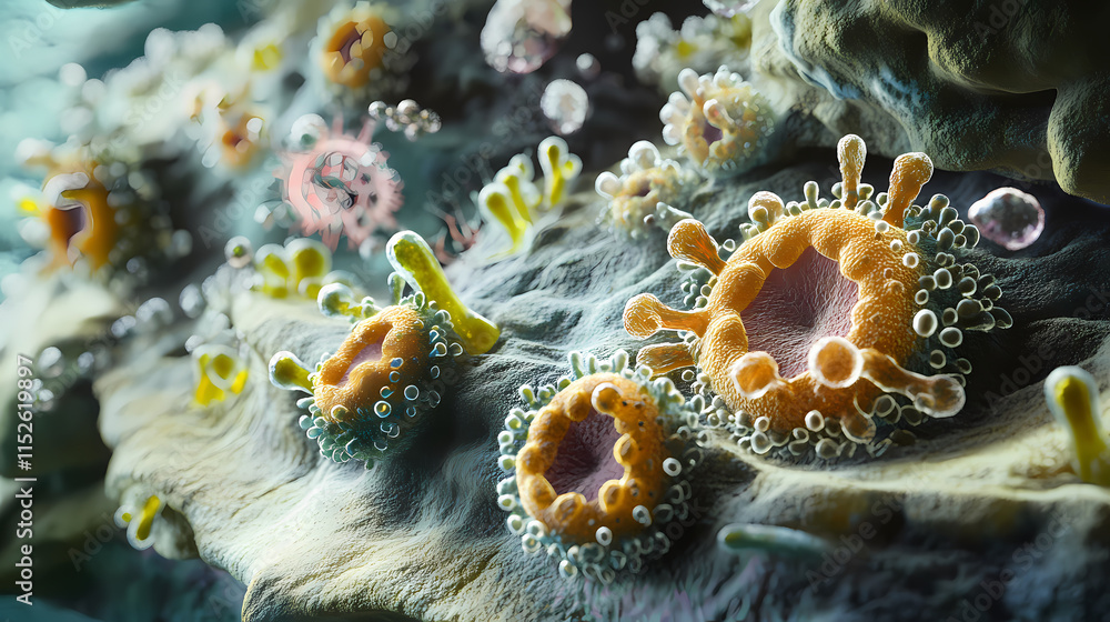 Detailed view of prokaryote under microscope: exploring bacteria and archaea structure in scientific research and. Archaea. Illustration Detailed view of prokaryote under microscope: exploring bacteria and archaea structure in scientific research and. Archaea. Illustration