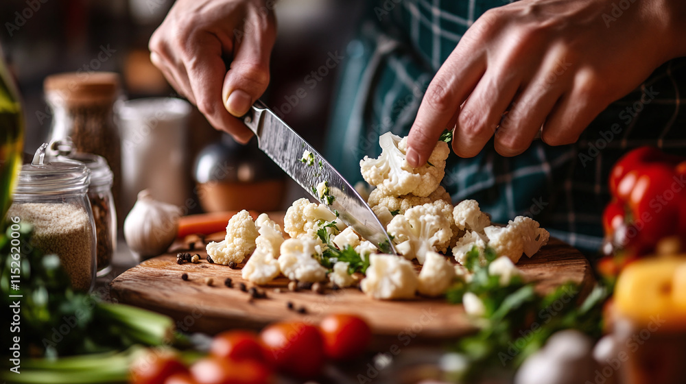 Hand holding knife cutting cauliflower vegetable on wooden board kitchen table. organic raw healthy vitamin food meal ingredient, vegan vegetarian cooking nutrition, freshness, closeup, recipe. Hand holding knife cutting cauliflower vegetable on wooden board kitchen table. organic raw healthy vitamin food meal ingredient, vegan vegetarian cooking nutrition, freshness, closeup, recipe.