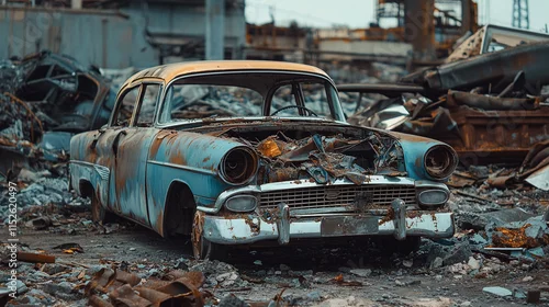Obraz  z motywem Old vintage retro broken car on automobile junkyard. vehicle metal parts recycling or used waste and garbage pile on industrial abandoned dump. damaged old rusty wracked and crashed.