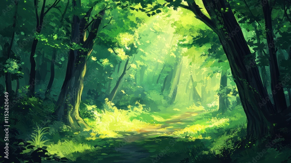 Obraz premium Sunlit path through lush green forest, vibrant foliage, trees, sunlight, shadows, nature, tranquility.
