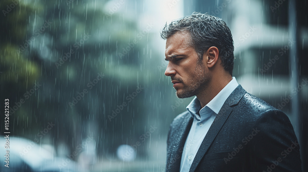 Unhappy businessman standing outdoors, rain falling. depressed and sad emotion problem, negative mood face expression.