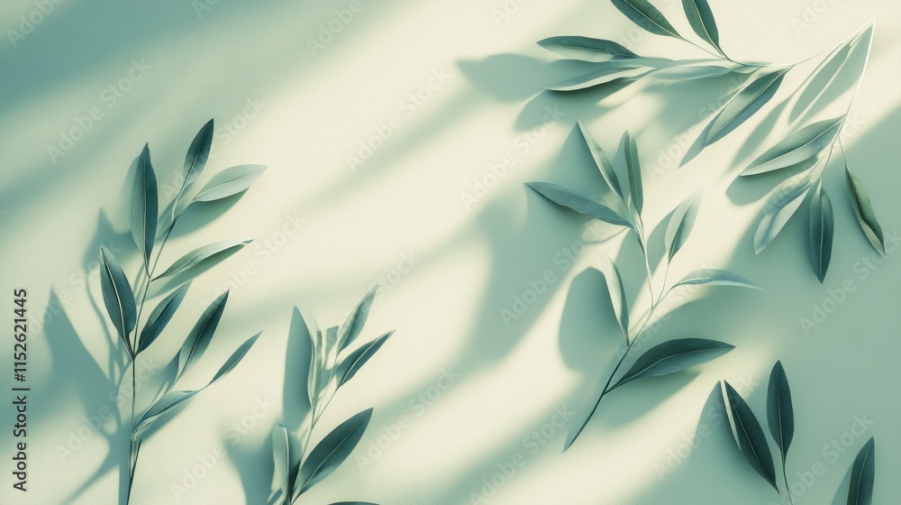 Fototapeta premium Flat lay of olive branches with shadows on pastel background.