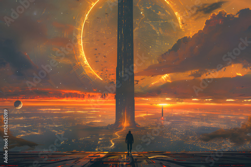 A lone figure stands on a futuristic platform, overlooking a sprawling cityscape bathed in the warm glow of a setting sun, with a towering structure and a glowing ring in the distance