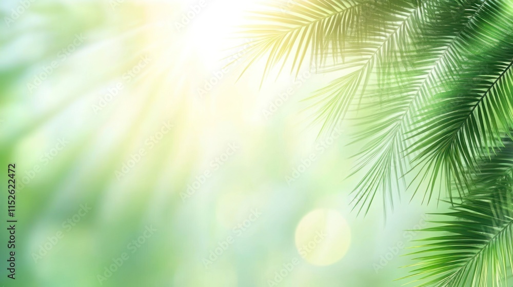 Obraz premium Sunlit palm fronds create a vibrant, tropical background with bokeh effect and copy space.