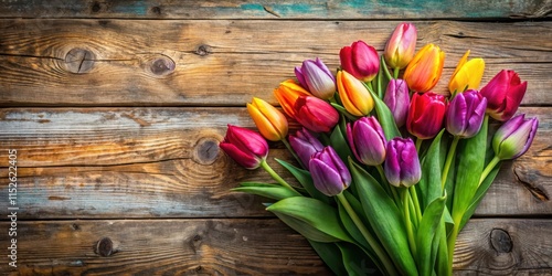 Vibrant tulips arranged in a loose bouquet on an old wooden planked background with intricate carvings and weathered finish , garden, botanical