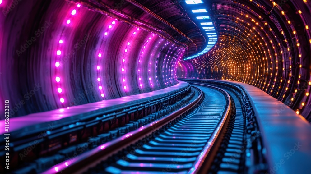 Fototapeta premium Neon Lights Metro Tunnel: A Vibrant Railway Journey