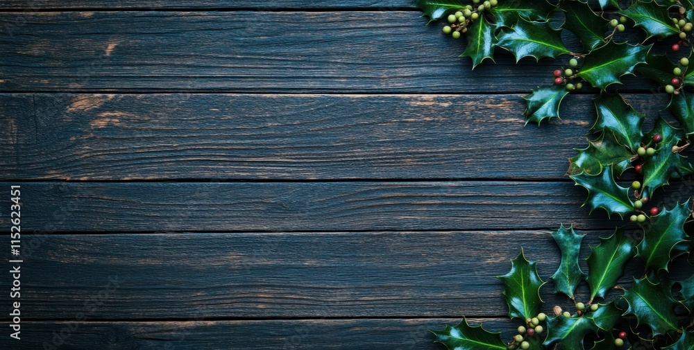 Dark wood background with holly leaves and berries border. Dark wood background with holly leaves and berries border.