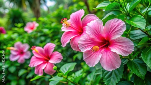 Softly blooming pink hibiscus flowers in a tropical garden, verdant, outdoor,  verdant, outdoor, flora, scenery