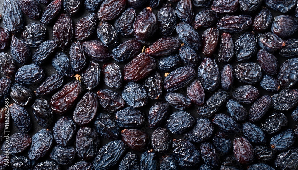 Flat Lay Top View of Bright Ripe Fragrant Black Raisin Fruit as Background