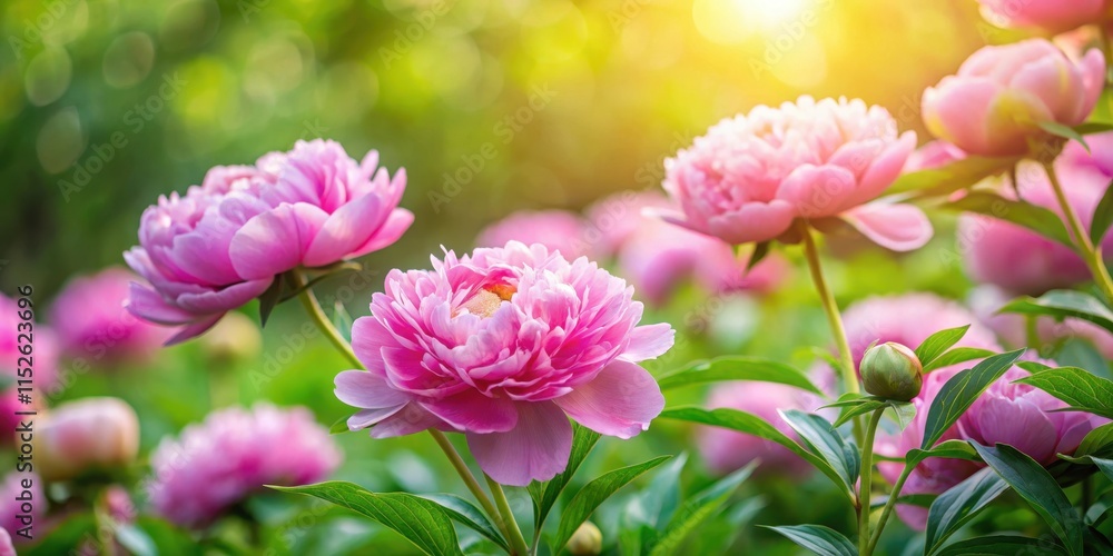 Fototapeta premium Delicate pink peony flowers in a lush garden surrounded by greenery and a soft focus effect