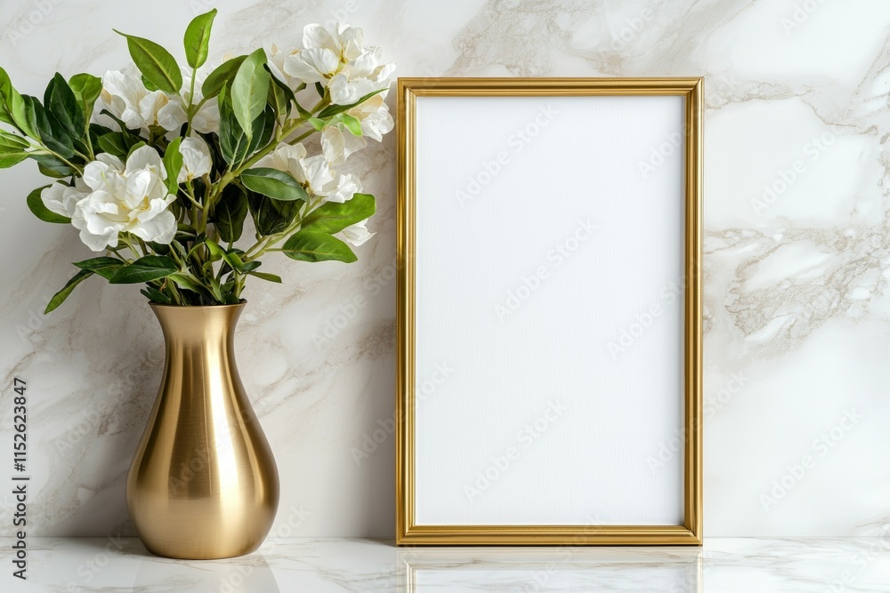 A gold framed white picture with a vase of flowers in the background A gold framed white picture with a vase of flowers in the background