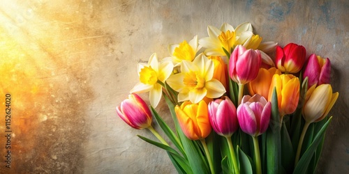 Vibrant tulips and daffodils in a colorful bouquet on a textured paper background, with soft sunlight illuminating their delicate petals, texture, paper background