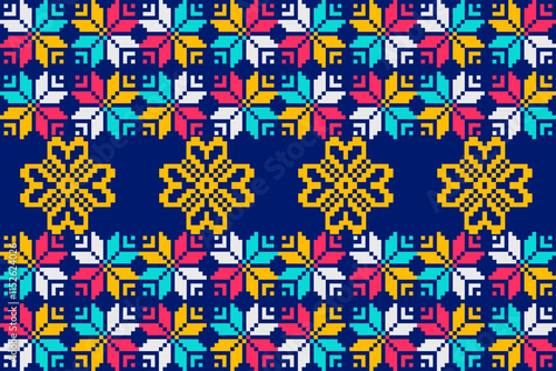 This traditional ethnic fabric showcases intricate tribal motifs, vibrant colors, and detailed embroidery. The pixelated patterns infuse a modern twist into the cultural design