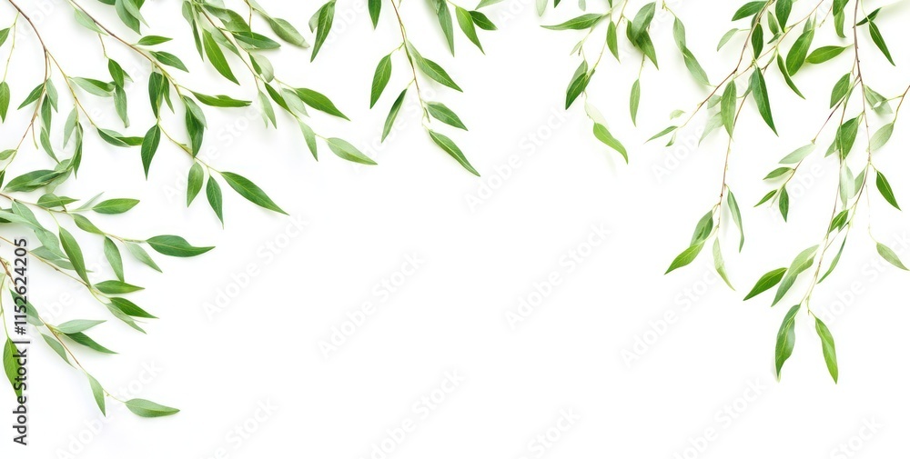 Fototapeta premium Lush green willow branches frame a white background, perfect for text or design.