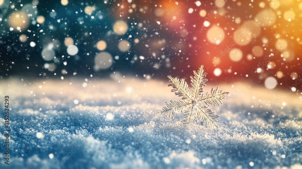 A delicate snowflake rests on soft snow, surrounded by a dreamy, colorful winter atmosphere. A delicate snowflake rests on soft snow, surrounded by a dreamy, colorful winter atmosphere.