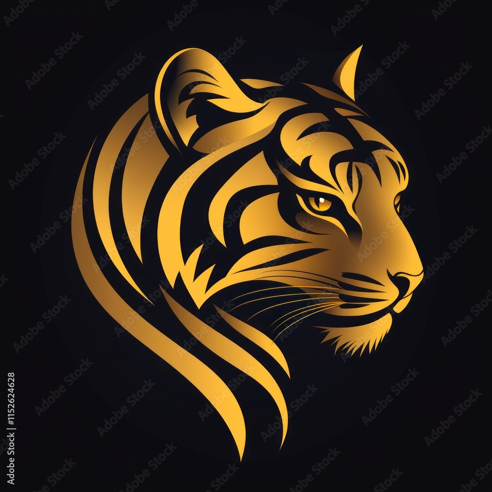 A stylized golden tiger head on a black background, emphasizing strength and elegance. A stylized golden tiger head on a black background, emphasizing strength and elegance.