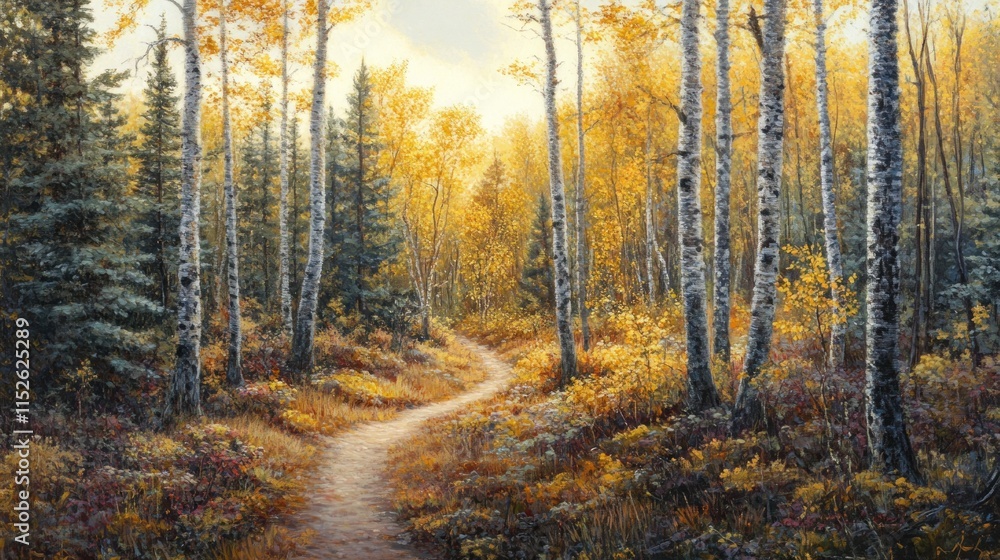 Fototapeta premium Winding path through autumnal aspen and pine forest, sunlight filtering through golden leaves.