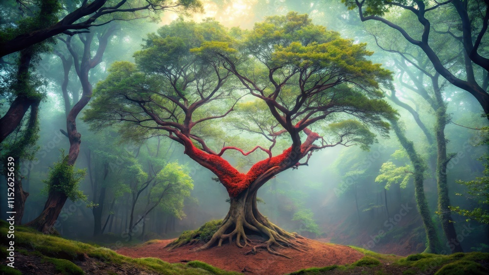 Ancient, twisted red heart-shaped tree stands alone in a misty forest, its gnarled branches stretching towards the sky like nature's own work of art , foliage, nature Ancient, twisted red heart-shaped tree stands alone in a misty forest, its gnarled branches stretching towards the sky like nature's own work of art , foliage, nature