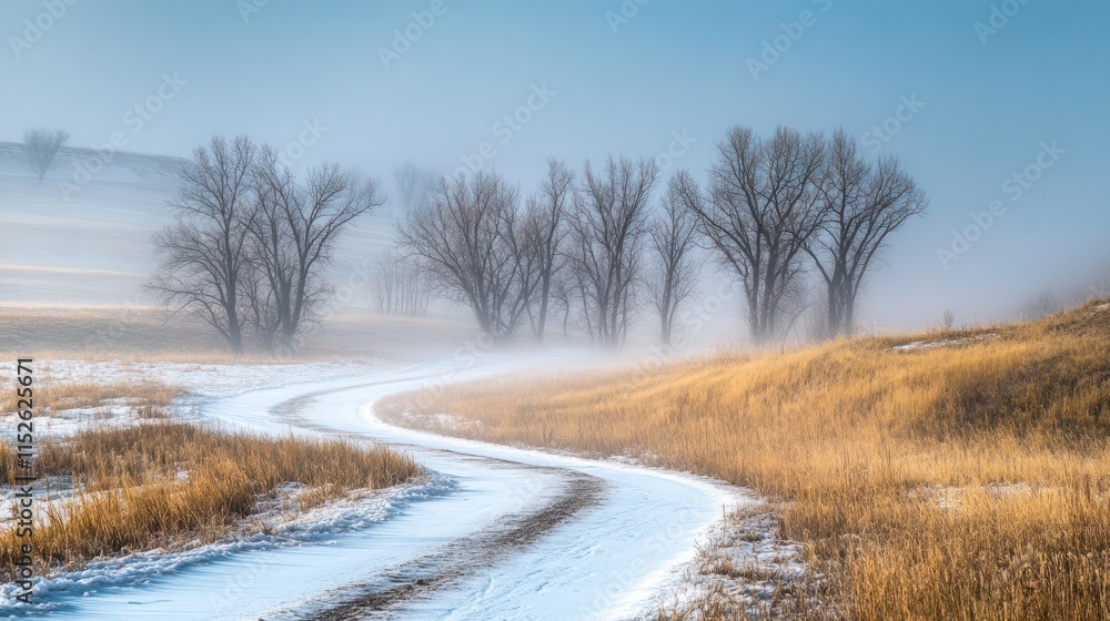 Obraz premium Winding snowy road through winter landscape with bare trees and fog.