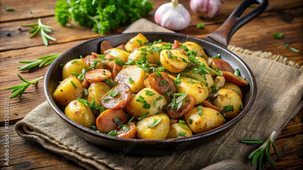 Hearty German potato dish topped with herbs and served in a cast iron pan , iron pan, european food Hearty German potato dish topped with herbs and served in a cast iron pan , iron pan, european food