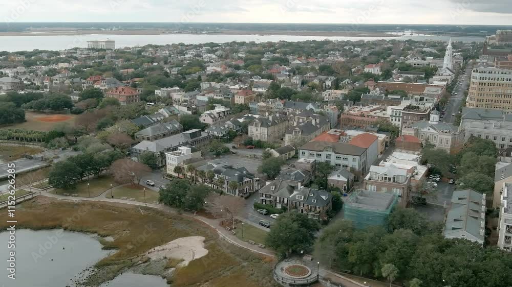 Aerial flyover of the downtown area of Charleston, South Carolina and the waterfront. Aerial flyover of the downtown area of Charleston, South Carolina and the waterfront.