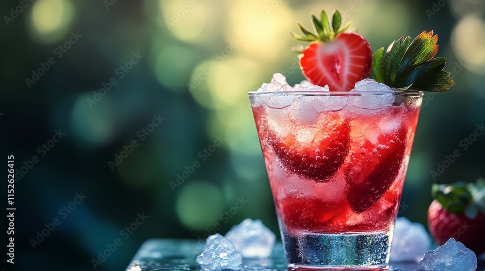 A refreshing strawberry cocktail with ice, garnished with fresh strawberries, set against a blurred green background. A refreshing strawberry cocktail with ice, garnished with fresh strawberries, set against a blurred green background.