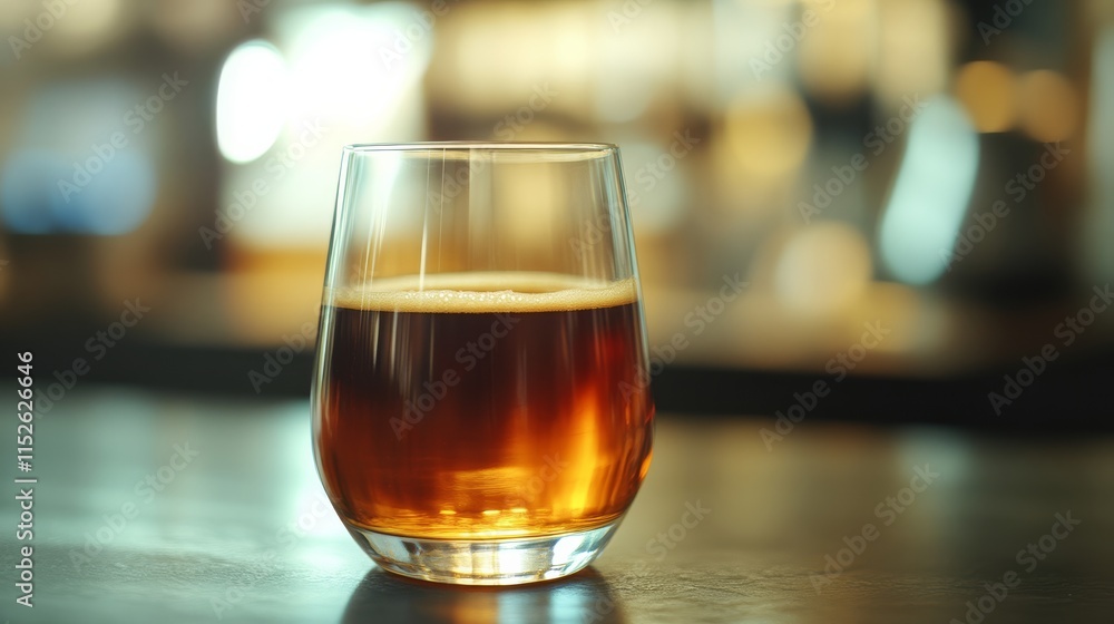 A glass of amber-colored liquid sits on a wooden surface, capturing light against a blurred bar backdrop. A glass of amber-colored liquid sits on a wooden surface, capturing light against a blurred bar backdrop.