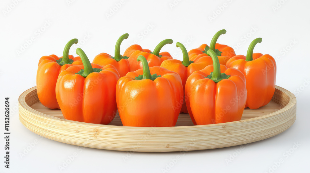 A cluster of vivid orange bell peppers on a circular bamboo tray, set against a crisp white background. Each pepper is detailed with a natural sheen, focusing on vibrant color and texture. The backgro A cluster of vivid orange bell peppers on a circular bamboo tray, set against a crisp white background. Each pepper is detailed with a natural sheen, focusing on vibrant color and texture. The backgro