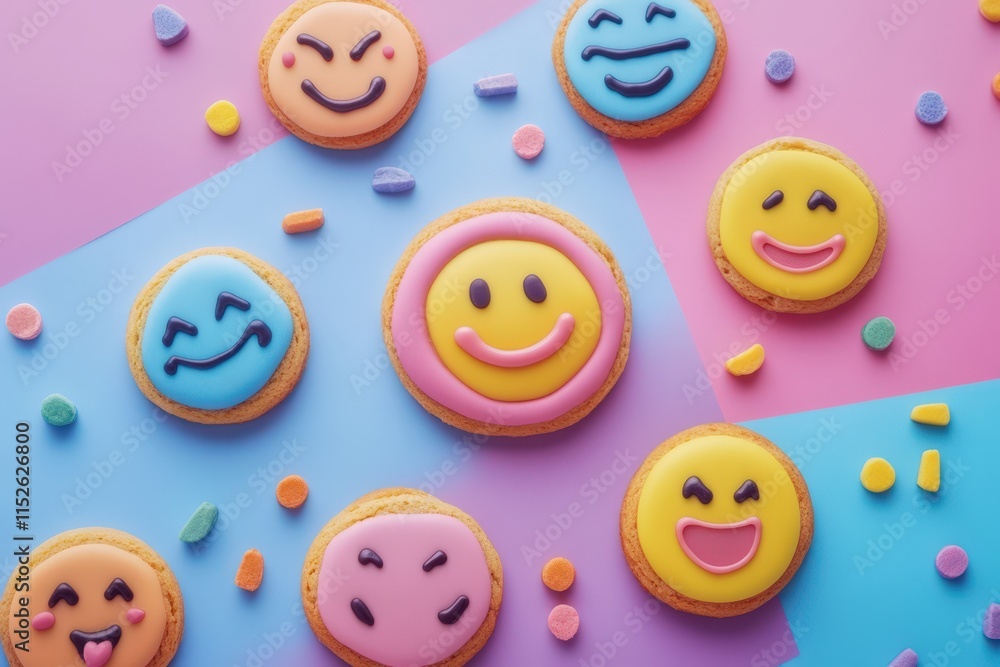 Obraz premium Colorful Emoji Cookies Decorated On Pastel Background