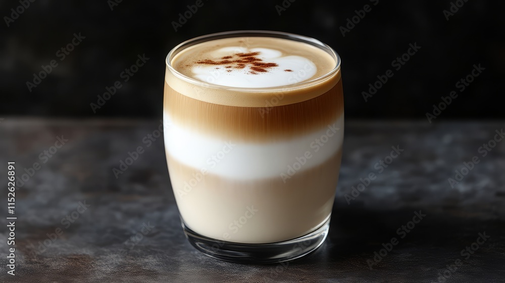 A creamy layered coffee drink in a clear glass, topped with foam and a sprinkle of cocoa, set against a dark background. A creamy layered coffee drink in a clear glass, topped with foam and a sprinkle of cocoa, set against a dark background.