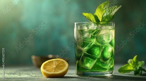 A refreshing green drink with ice and mint leaves, accompanied by a lemon half, set against a softly blurred background. photo