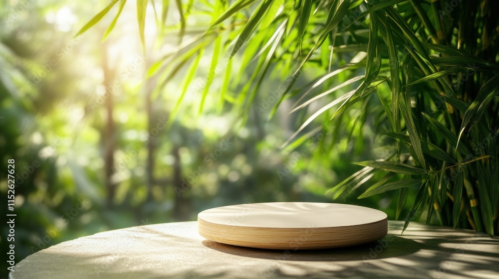 Empty wooden display platform on a table, sunlight through bamboo leaves. Empty wooden display platform on a table, sunlight through bamboo leaves.