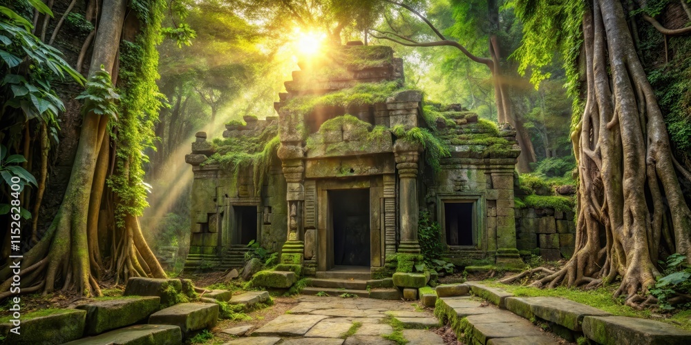 Ancient temple entrance with vines and moss, overgrown jungle foliage in the foreground Ancient temple entrance with vines and moss, overgrown jungle foliage in the foreground