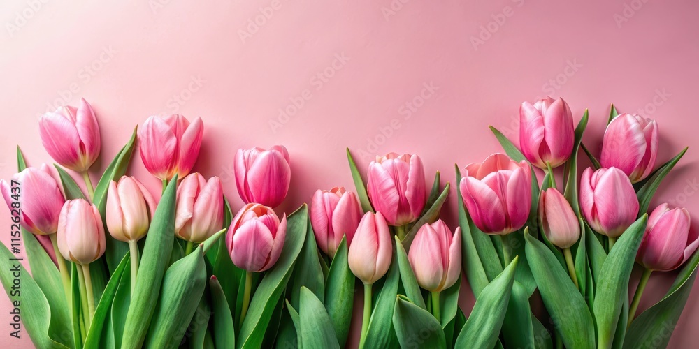 Obraz premium Tulip blooms on a soft pink paper background with delicate green stems and leaves, surrounded by lush foliage , spring blooms, spring flowers