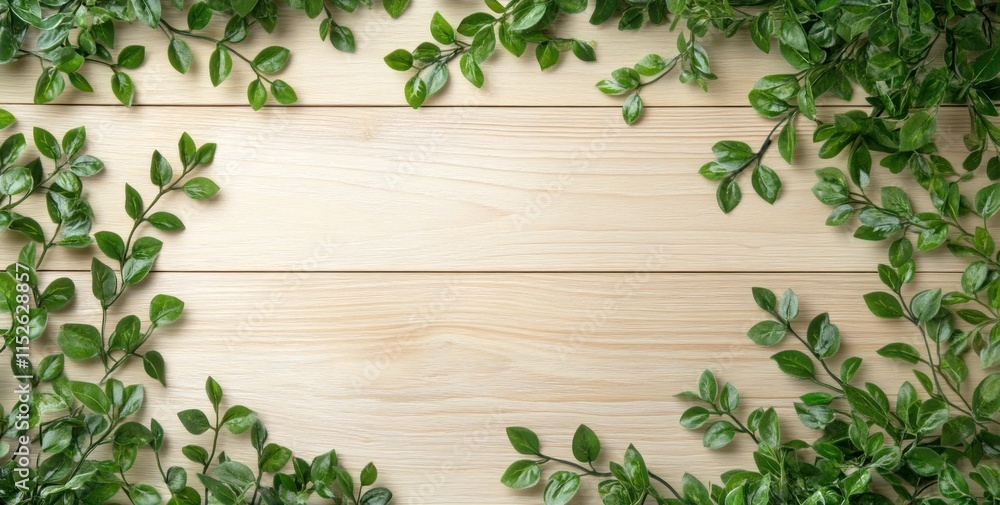 Lush green leaves frame a light wooden background, providing copy space. Lush green leaves frame a light wooden background, providing copy space.