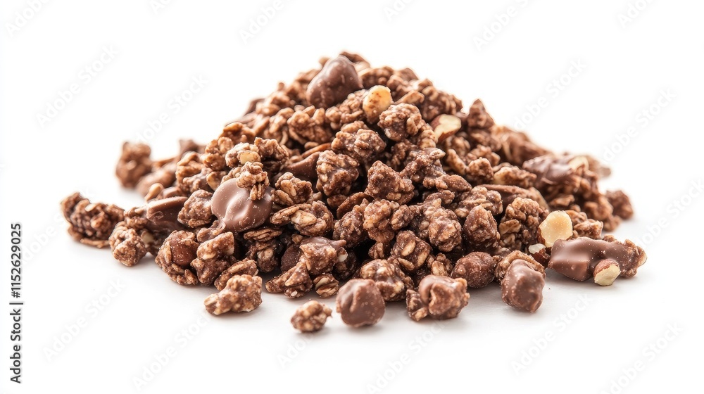 A pile of chocolate granola cereal with nuts on a white backdrop, with plenty of clean space for copy or branding elements A pile of chocolate granola cereal with nuts on a white backdrop, with plenty of clean space for copy or branding elements