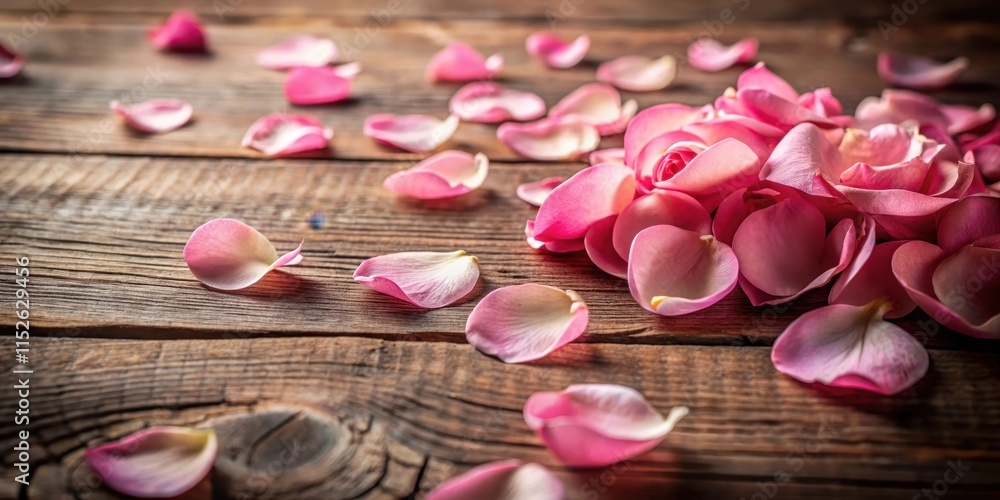 Close-up of delicate pink rose petals scattered on a rustic wooden table, rose petals, florals Close-up of delicate pink rose petals scattered on a rustic wooden table, rose petals, florals