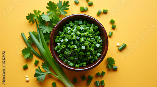 Freshly chopped scallions in a rustic bowl, vibrant green against a sunny yellow backdrop.  A culinary delight! photo