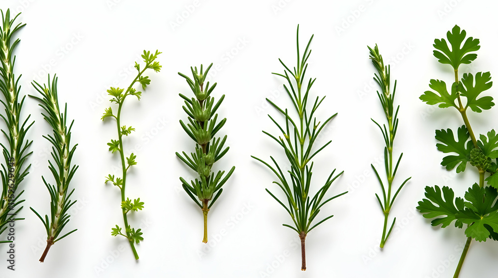 Obraz premium Vibrant green herbs arranged on white: rosemary, cilantro, and more. A fresh, natural display of culinary delights, perfect for recipe inspiration.