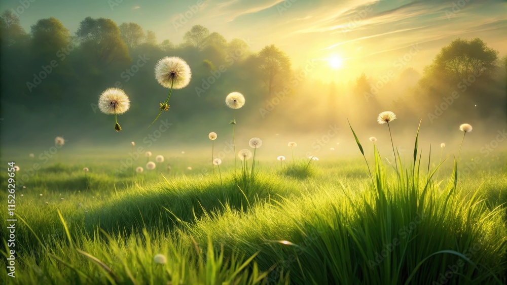 Serene Sunrise Meadow with Delicate Dandelions Floating Gently in the Misty Morning Light Serene Sunrise Meadow with Delicate Dandelions Floating Gently in the Misty Morning Light