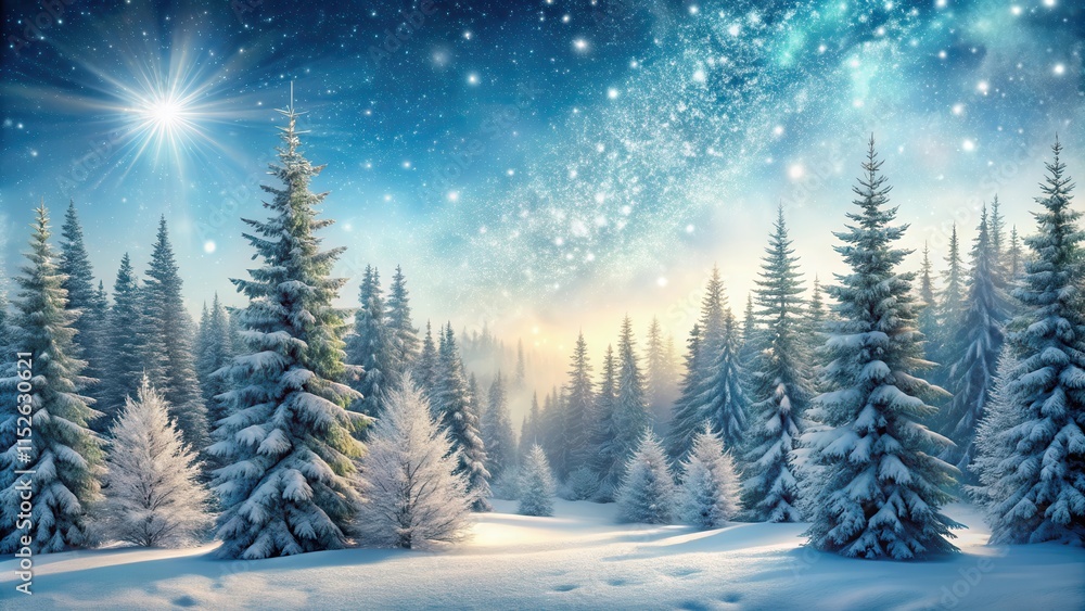 Naklejka premium Snowy forest landscape with frosty trees and sparkling snowflakes falling gently on a serene winter morning, surrounded by tall evergreen pines , snowfall, frost