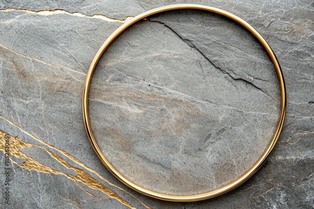 A gold colored ring is sitting on a gray stone A gold colored ring is sitting on a gray stone