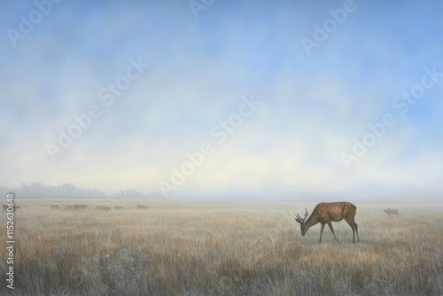 A solitary deer grazes in a misty autumnal field