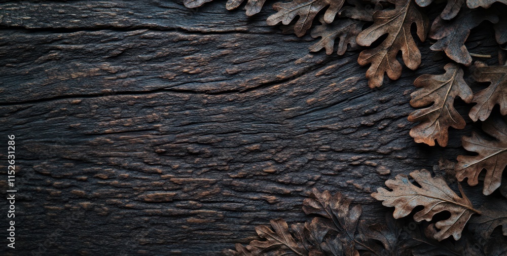 Dried oak leaves on dark wooden background. Dried oak leaves on dark wooden background.