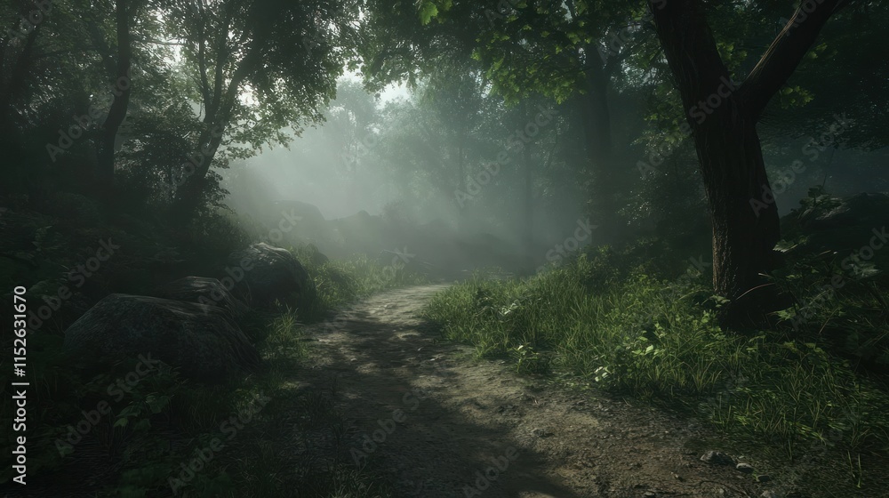 Fototapeta premium Misty forest path winding through lush greenery and large rocks.